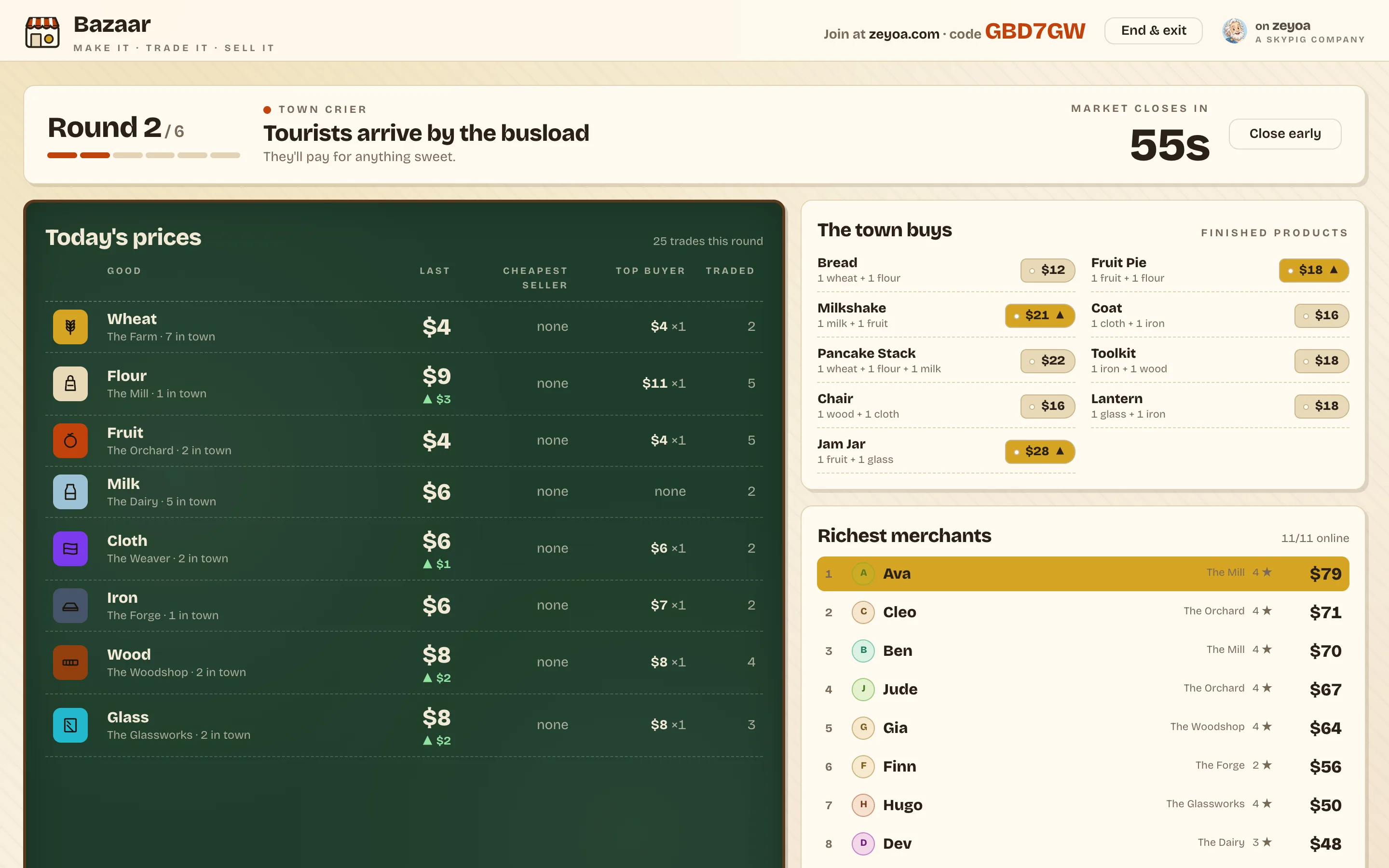 Bazaar: the class screen